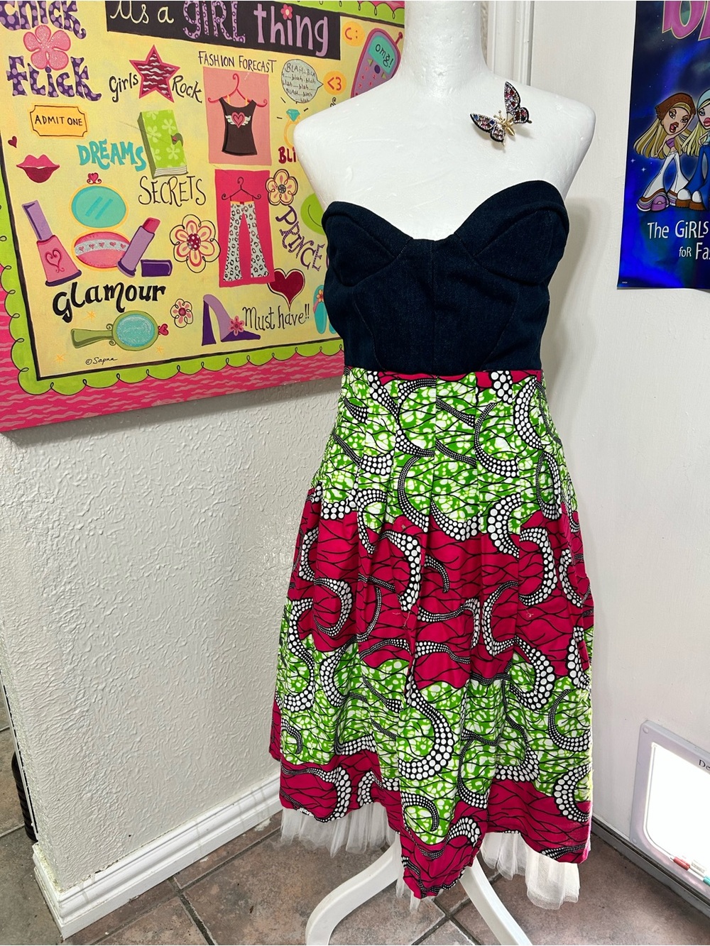 Vintage 2000 Strapless Black Bodice with Vibrant Pink & Green Print Skirt